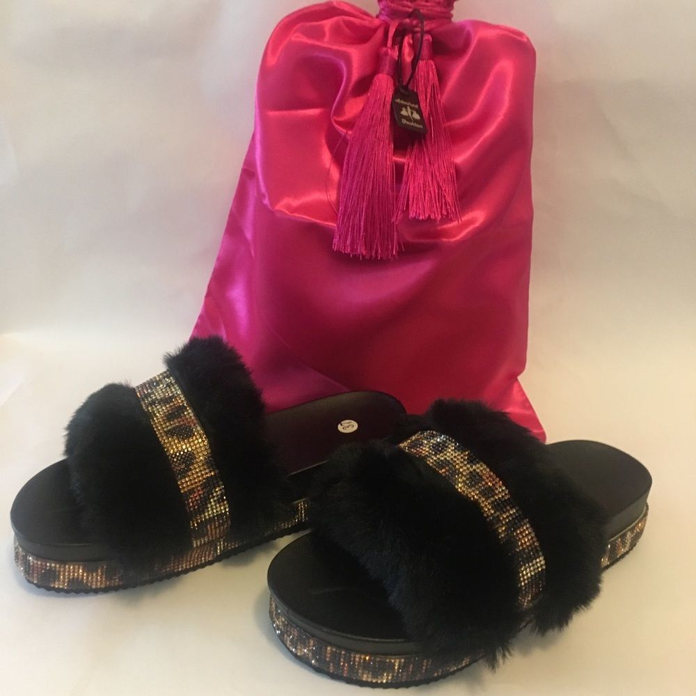 BLACK Nala Rhinestone Fur Slides Women sandals and slippers flat shoes